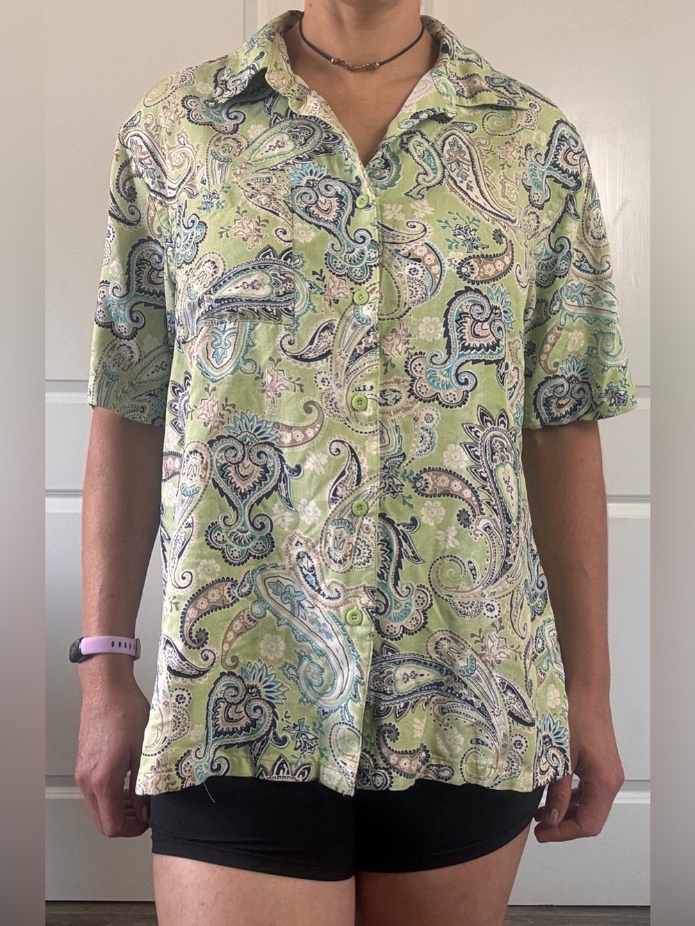 Vintage Silk Green Blue White Paisley Short Sleeve Button Up 100% Silk XL